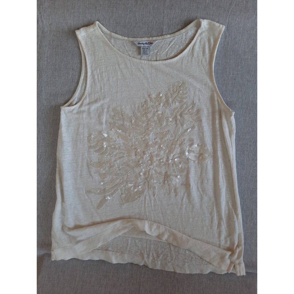 Tommy Bahama Women XS Beaded Floral Lightweight Top Blouse Sleeveless Pure Linen